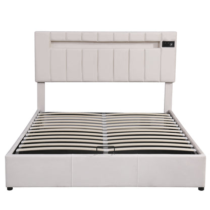 Velvet Upholstered Hydraulic Storage Bed with LED light, Bluetooth Player, and USB Charging