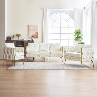 Modern 3-Seat Velvet Fluffy Tufted  Upholstered Sofa Set, Cream White Velvet