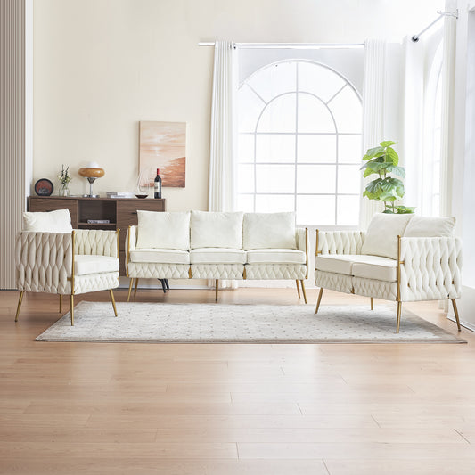 Modern 3-Seat Velvet Fluffy Tufted  Upholstered Sofa Set, Cream White Velvet