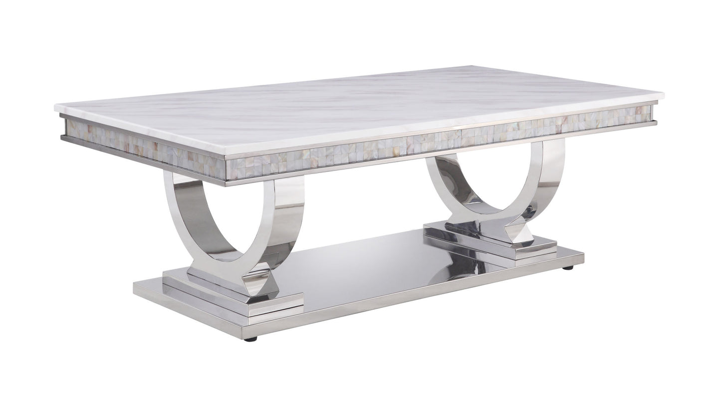 acme zander coffee table, white printed faux marble & mirrored silver finish