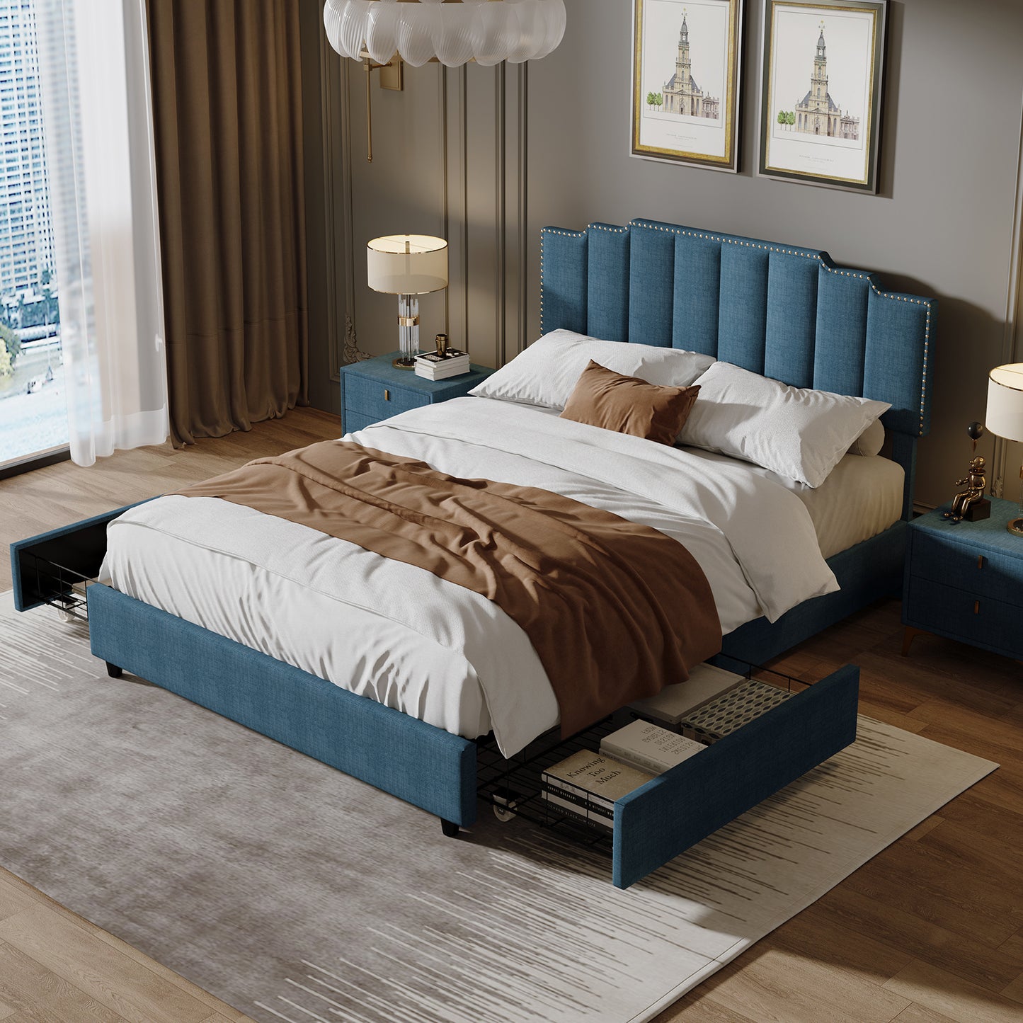roe upholstered platform bed with 2 drawers stitched