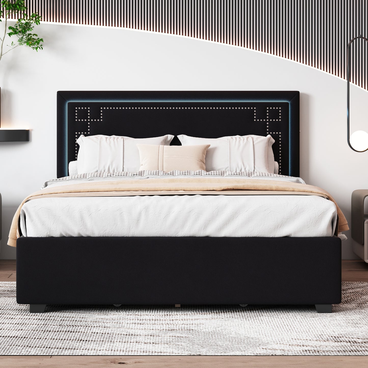 upholstered platform bed with rivet-decorated headboard, led bed frame and 4 drawers, black