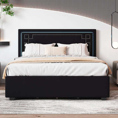 Upholstered Platform Bed with Rivet-decorated Headboard, LED bed frame and 4 Drawers, Black