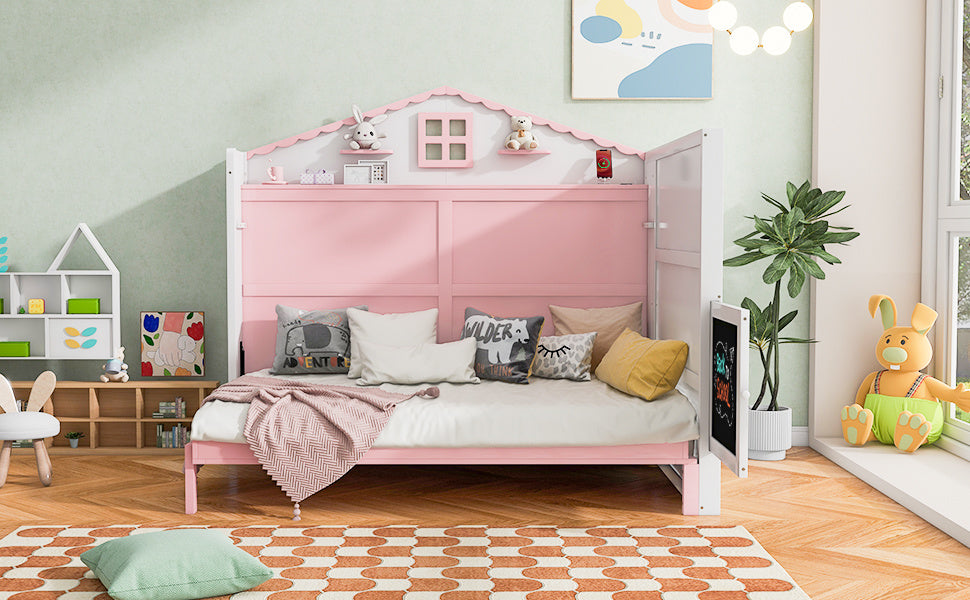 house murphy bed with usb, storage shelves and blackboard, pink+white