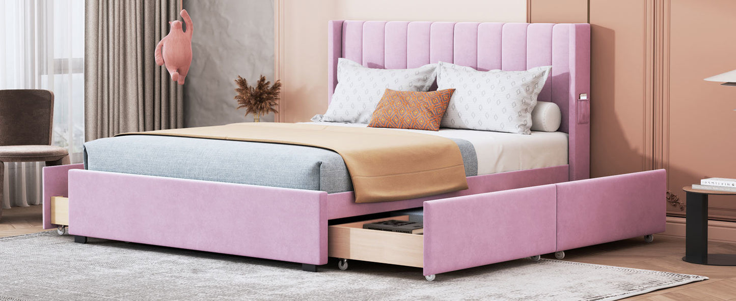 queen size upholstered bed with 4 drawers, pink