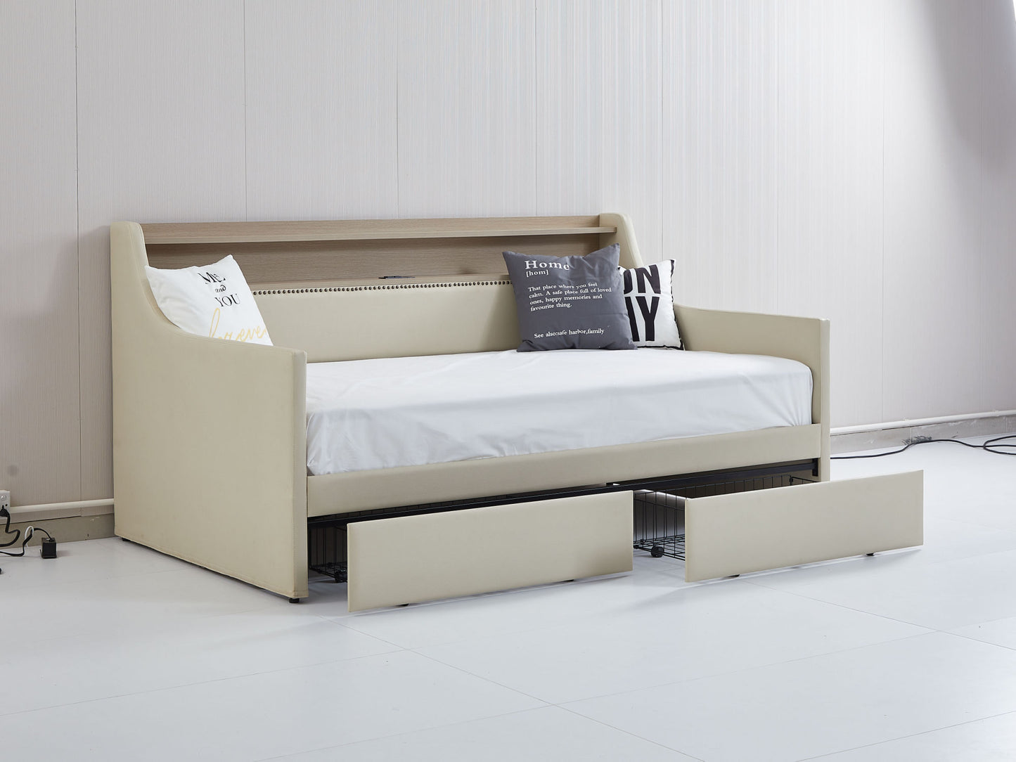 upholstered bed with charging station and led lights, beige