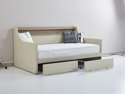 Upholstered Bed with Charging Station and LED Lights, Beige