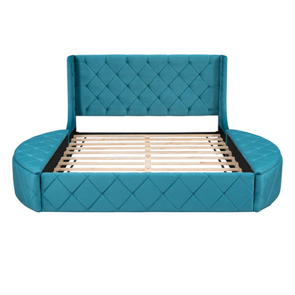 Upholstered Velvet Platform Bed with Wingback Headboard and 1 Big Drawer; 2 Side Storage Stool