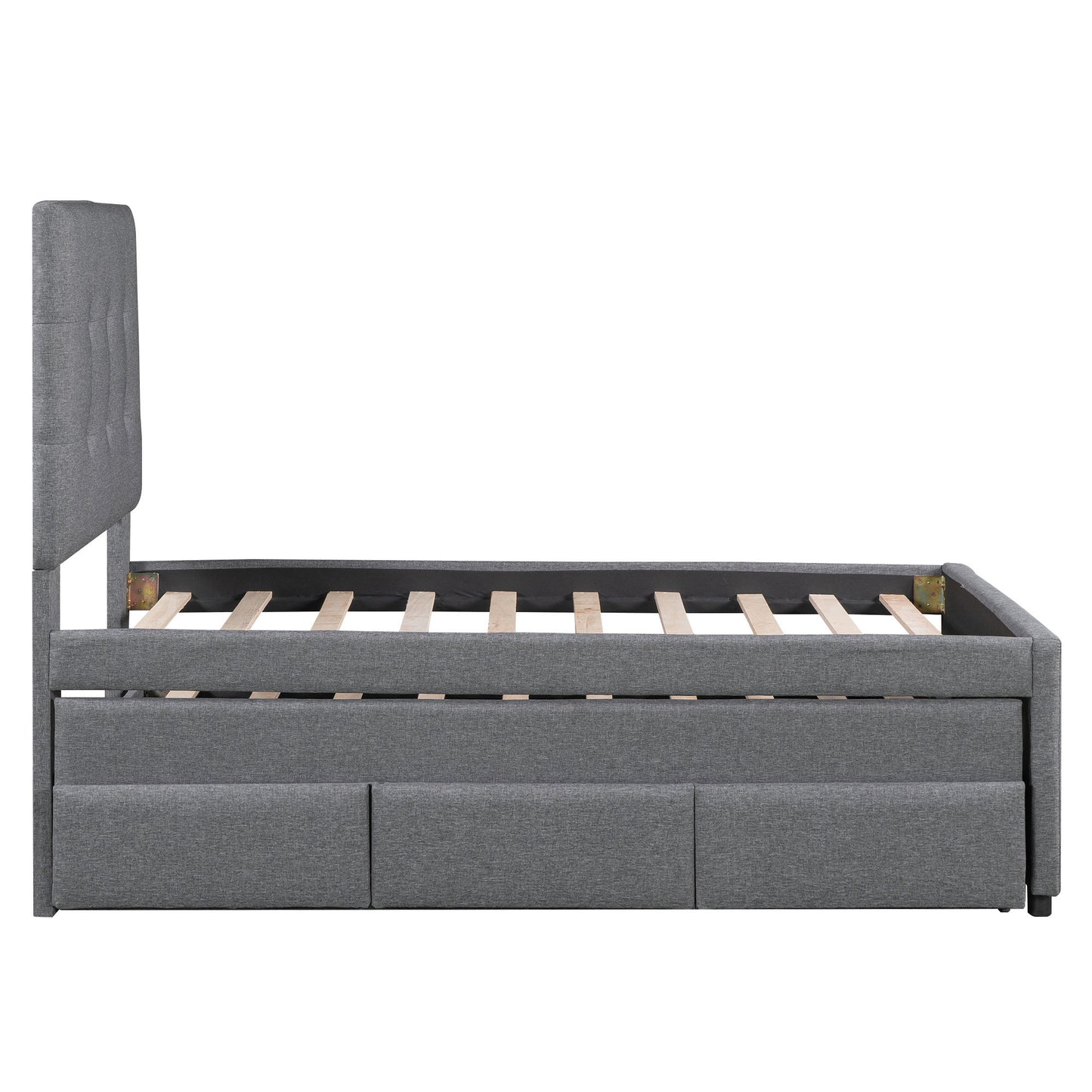 upholstered platform bed with pull-out twin size trundle and 3 drawers, gray