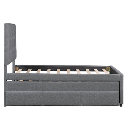 Upholstered Platform Bed with Pull-out Twin Size Trundle and 3 Drawers, Gray