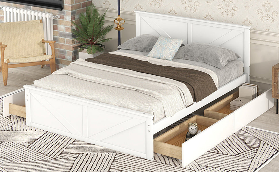 country wooden platform bed with four storage drawers
