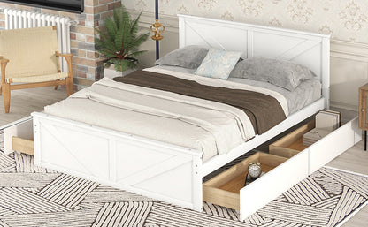 Country Wooden Platform Bed with Four Storage Drawers