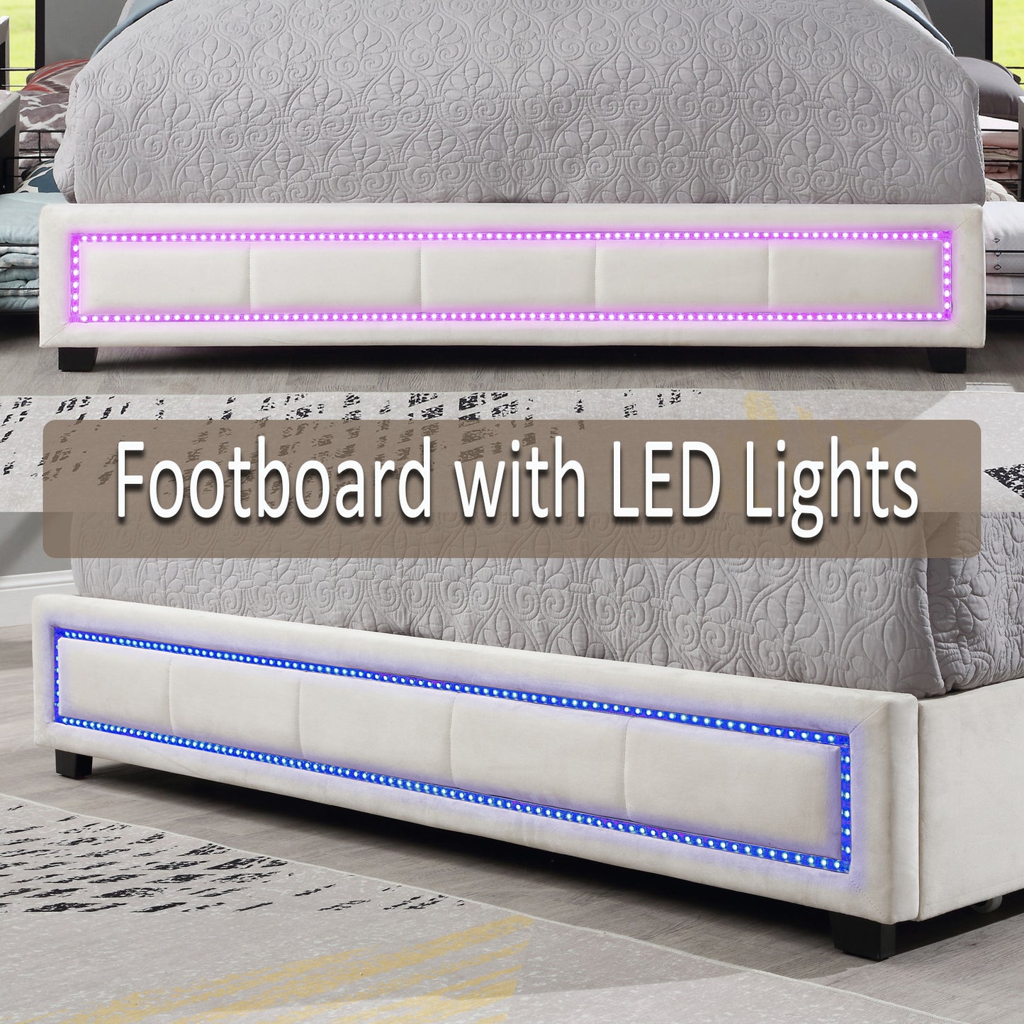upholstered queen size platform bed with led lights, storage bed with 4 drawers, beige