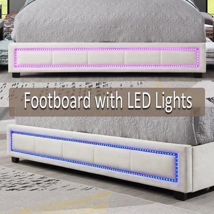 Upholstered Queen Size Platform Bed with LED Lights, Storage Bed with 4 Drawers, Beige