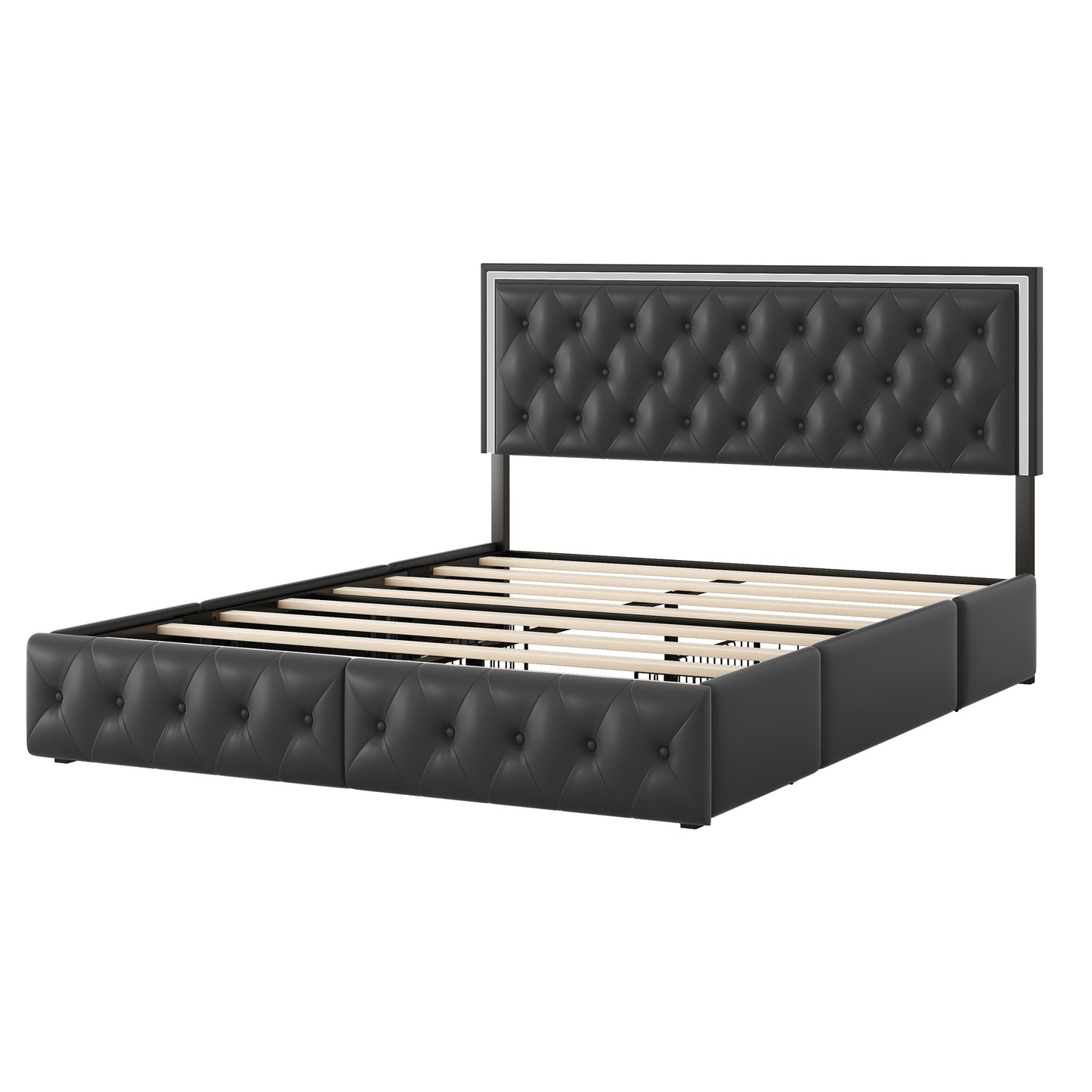 queen upholstered pu leather platform bed with led headboard, black