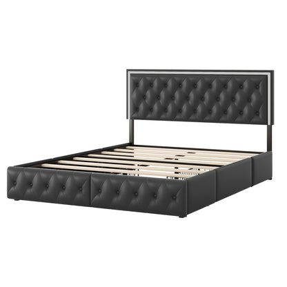 Queen Upholstered PU Leather Platform Bed with LED Headboard, Black