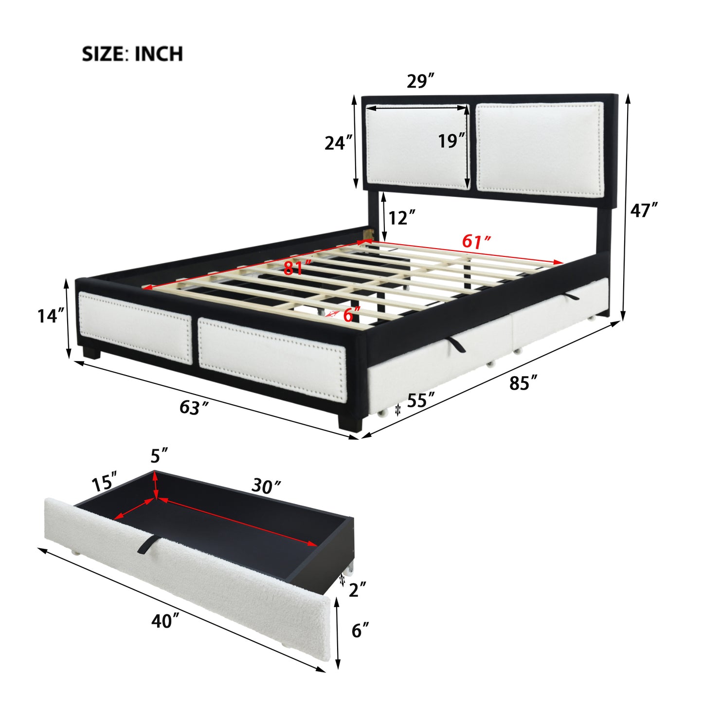 teddy upholstered platform bed with large rivet-decorated backrests and 4 drawers, velvet black+white