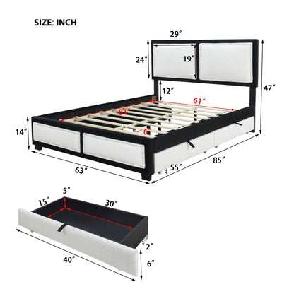 Teddy Upholstered Platform Bed with Large Rivet-decorated Backrests and 4 Drawers, Velvet Black+White
