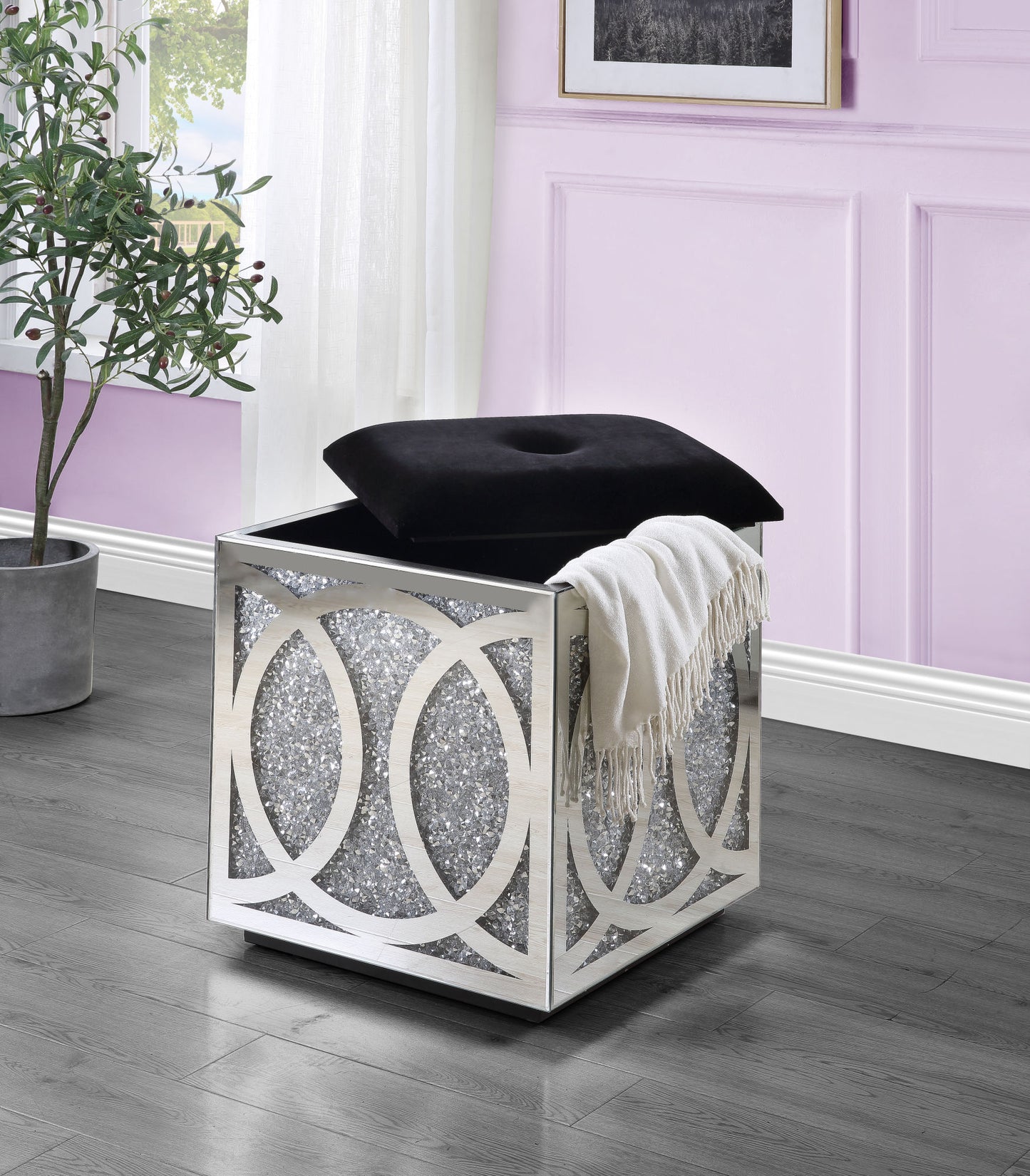 acme noralie ottoman w/storage mirrored & faux diamonds