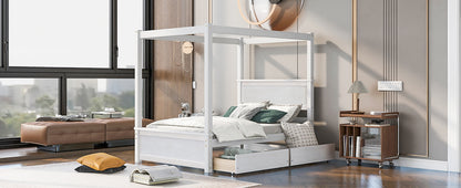 Wood Canopy Bed with two Drawers, White