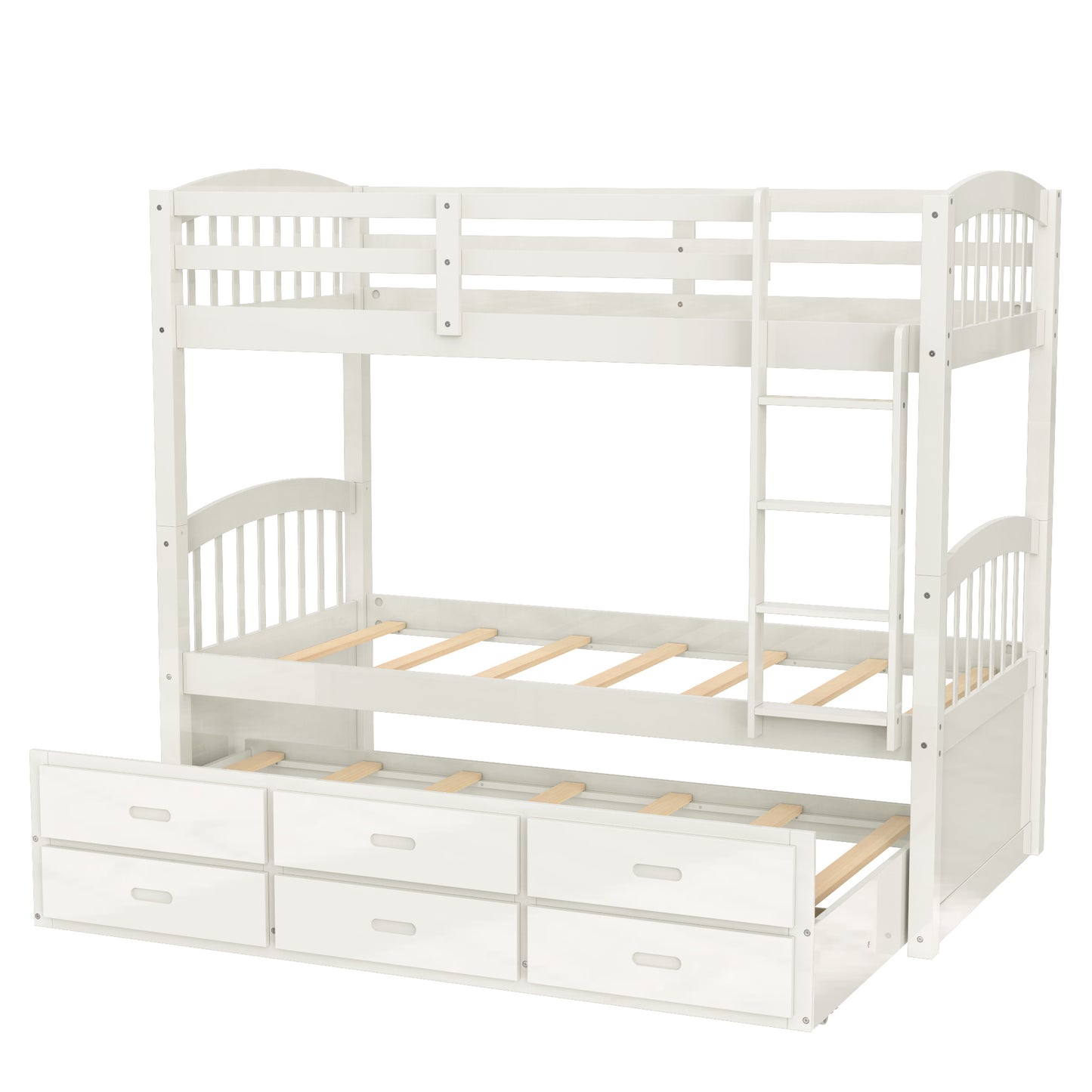 twin over twin wood bunk bed with trundle and drawers,white
