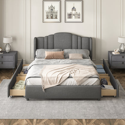 Upholstered Platform Bed with Wingback Headboard and 4 Drawers, Gray