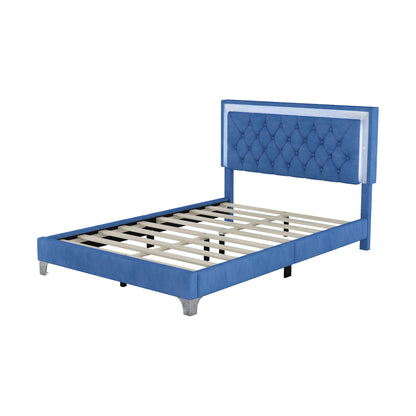 Upholstered Bed Frame with LED Lights, Blue