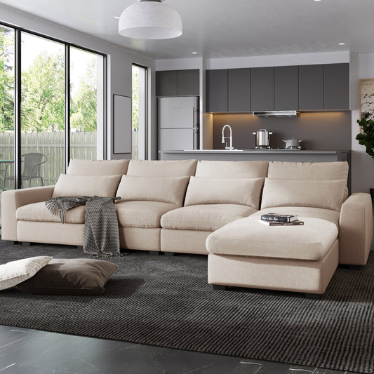 UStyle Modern Large L-Shape Feather Filled Sectional Set, Cream