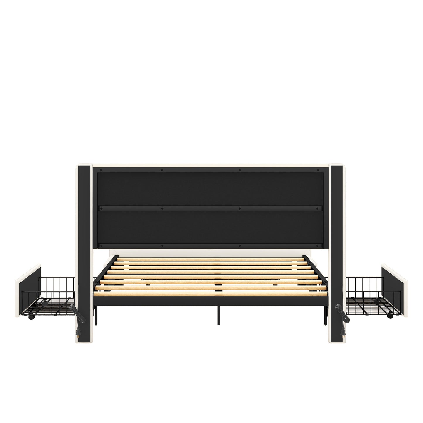leather upholstered platform bed with drawer storage & charging station, white