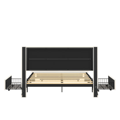 Leather Upholstered Platform Bed with Drawer Storage & Charging Station, White