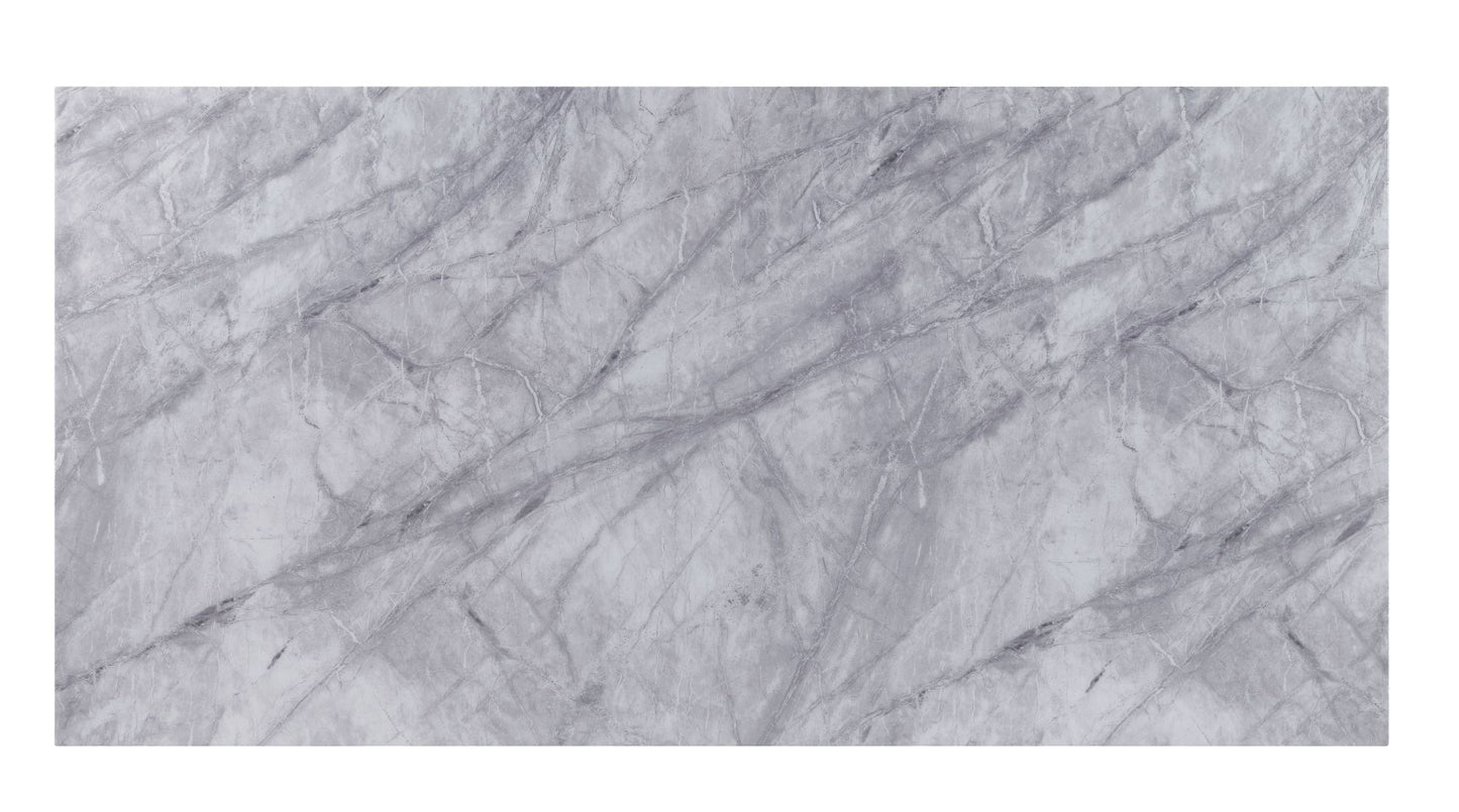 acme satinka dining table, light gray printed faux marble & mirrored silver finish