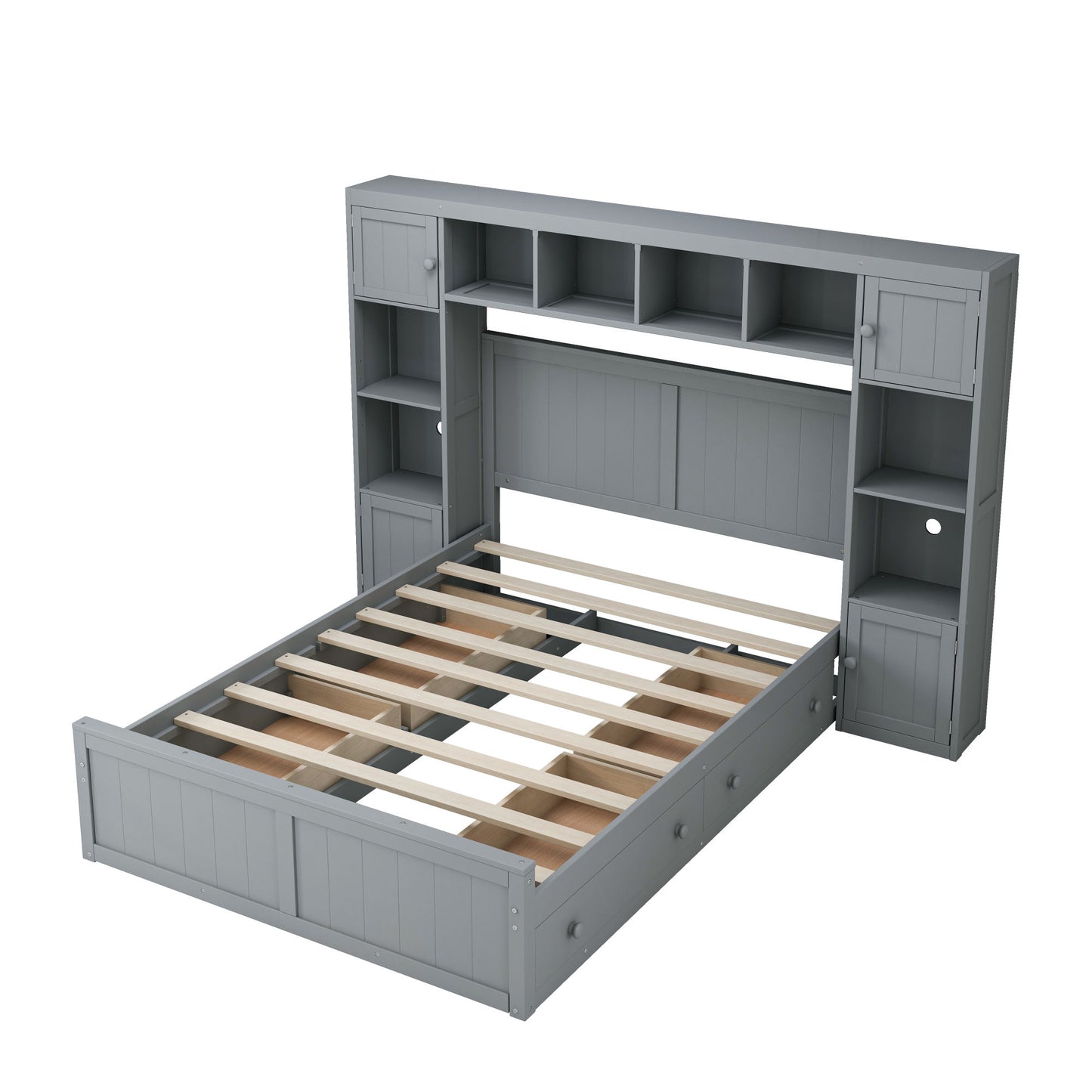 elegant and functional bed with 4 drawers and all-in-one cabinet and shelf, grey
