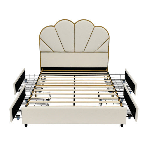 upholstered smart platform bed with 4-drawers strong wood slats, white