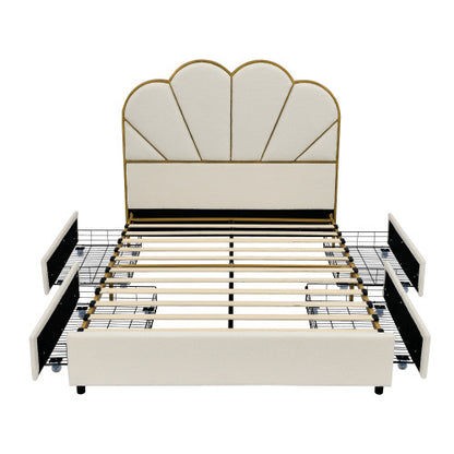 Upholstered Smart Platform Bed with 4-Drawers Strong Wood Slats, White