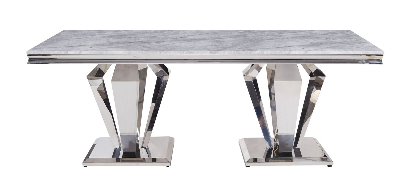 acme satinka dining table, light gray printed faux marble & mirrored silver finish