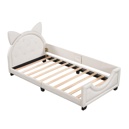 Upholstered Bed with Carton Ears Shaped Headboard, White
