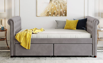 Sara Upholstered Bed with Drawers, Gray