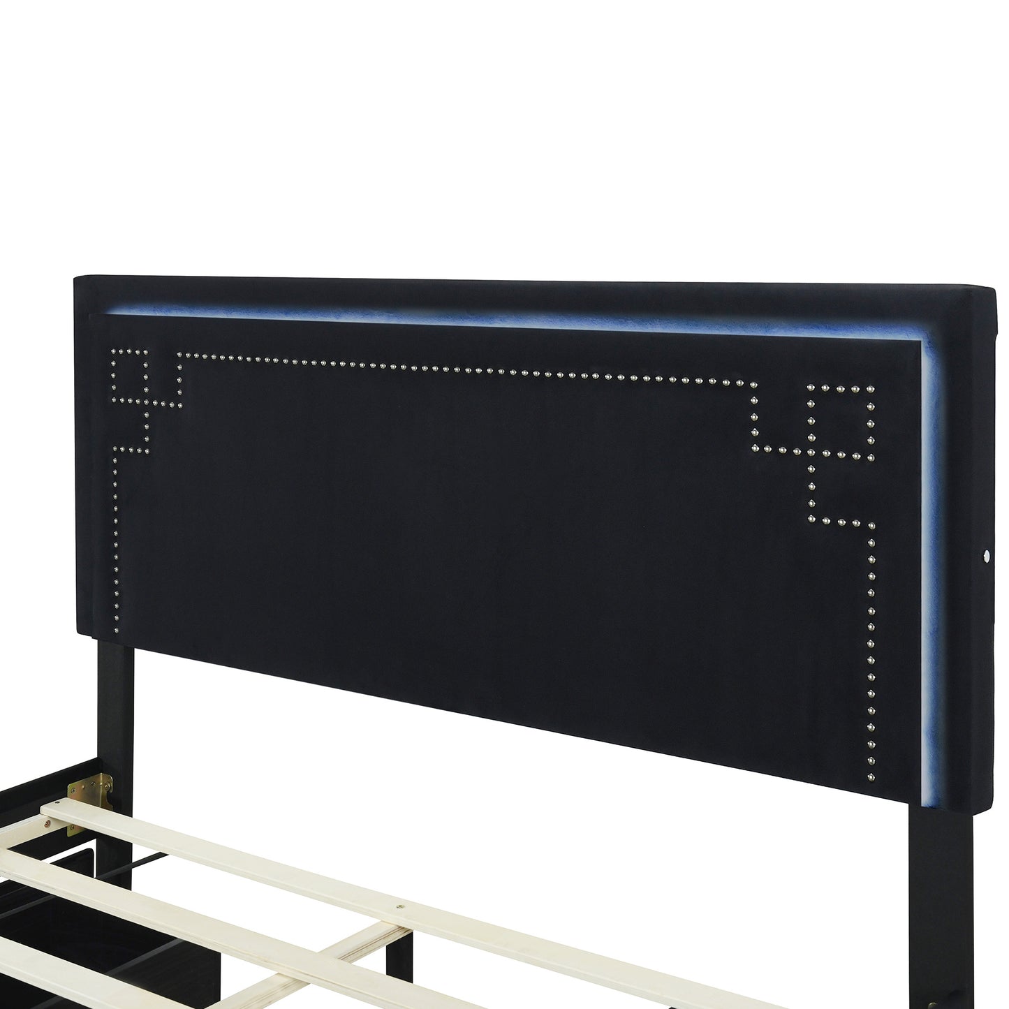 upholstered platform bed with rivet-decorated headboard, led bed frame and 4 drawers, black
