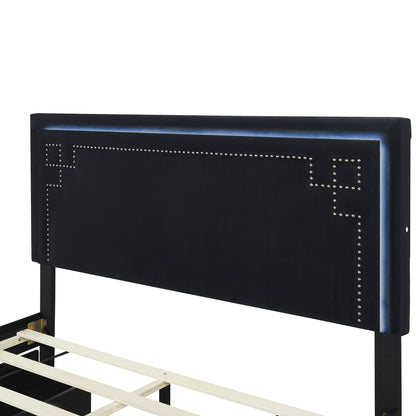Upholstered Platform Bed with Rivet-decorated Headboard, LED bed frame and 4 Drawers, Black