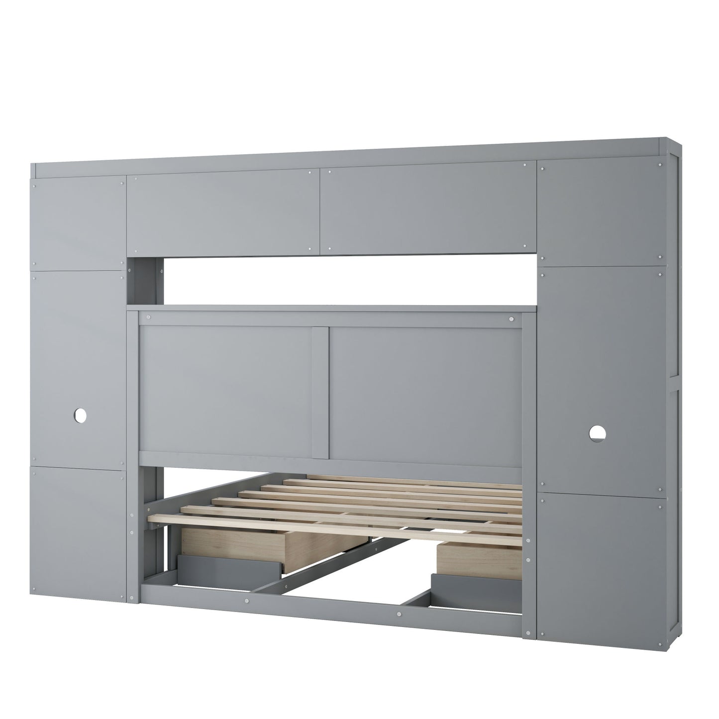 elegant and functional bed with 4 drawers and all-in-one cabinet and shelf, grey