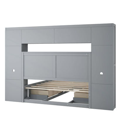 Elegant and Functional Bed with 4 Drawers and All-in-One Cabinet and Shelf, Grey