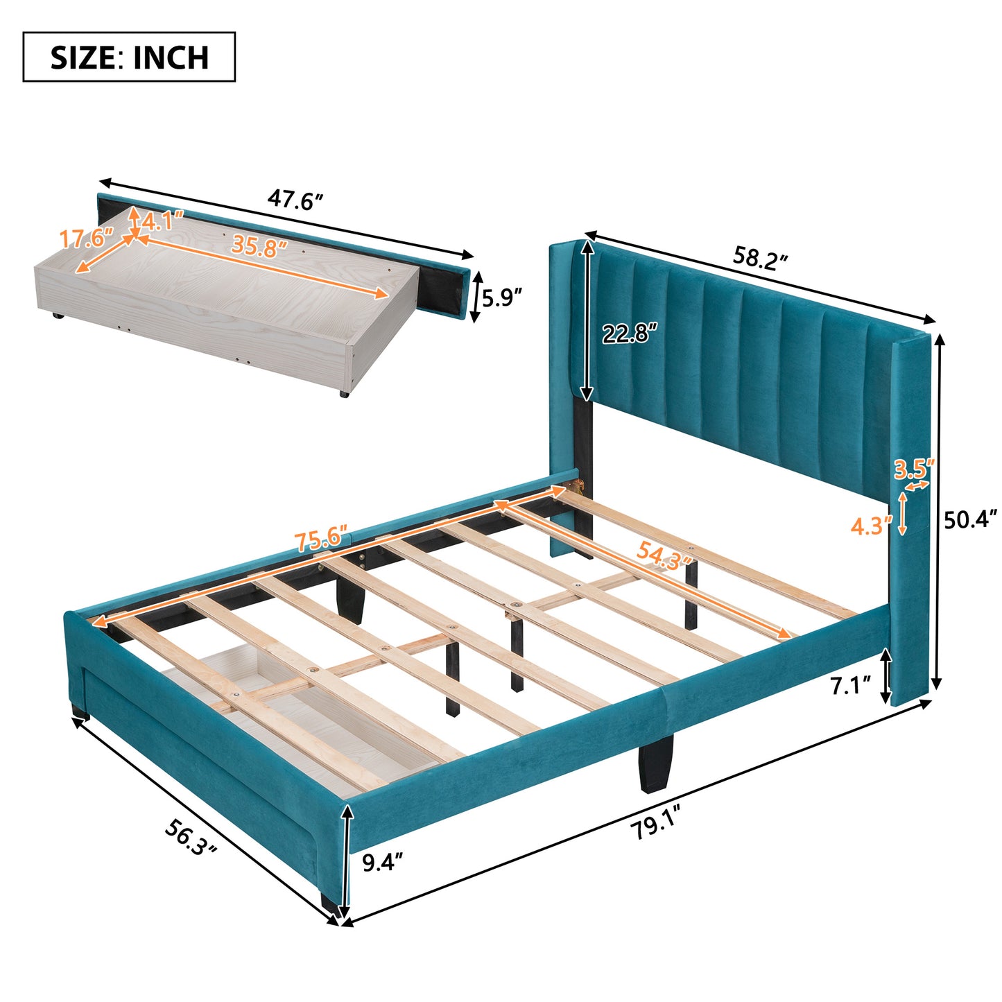 danny velvet upholstered platform bed with a big drawer - blue