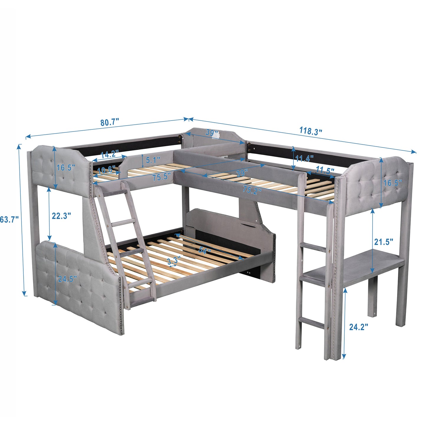 l-shaped twin over full bunk bed and twin sie loft bed with desk