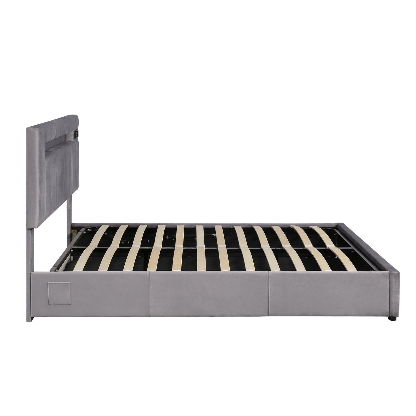 velvet upholstered hydraulic storage bed with led light, bluetooth player, and usb charging