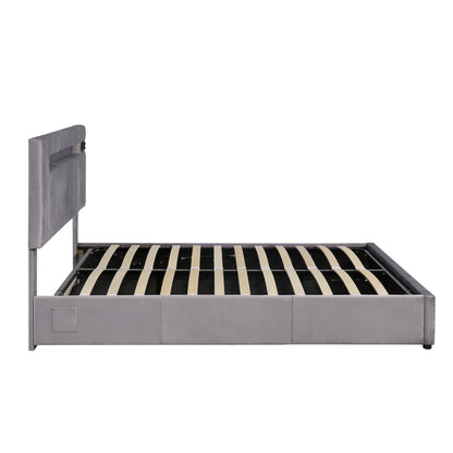 Velvet Upholstered Hydraulic Storage Bed with LED light, Bluetooth Player, and USB Charging