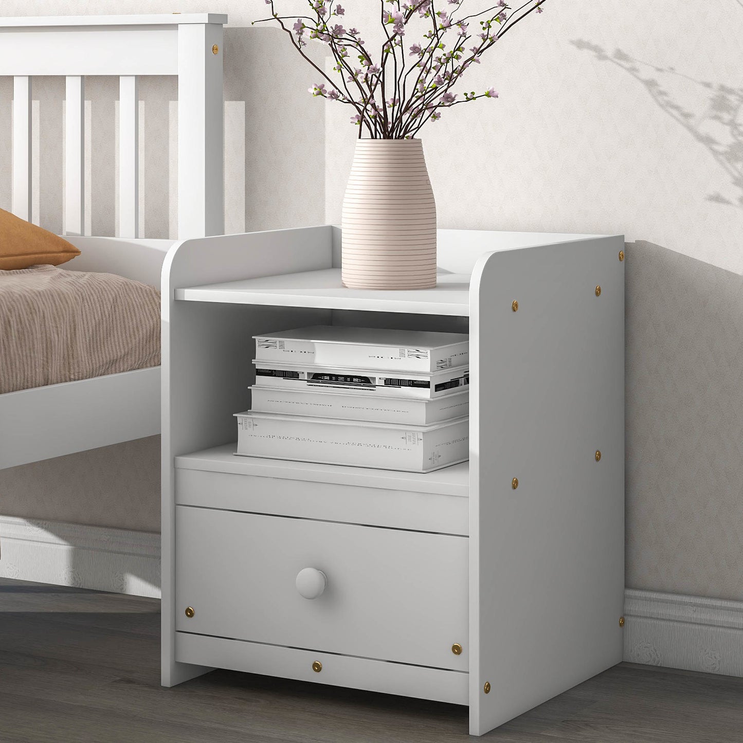 twin bed with headboard & nightstand, white