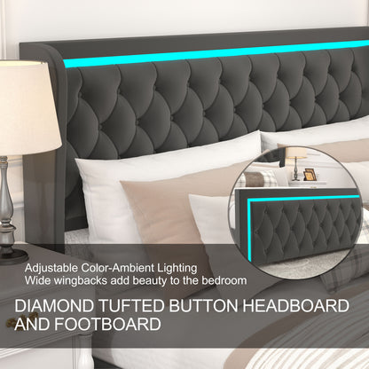 Velvet Upholstered Bed with Deep Tufted Buttons & Adjustable Colorful LED Light, Black