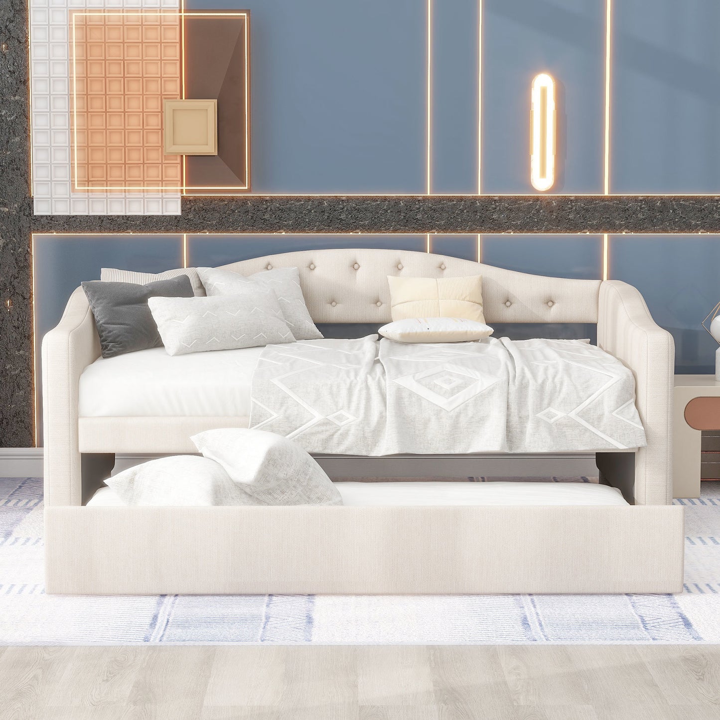 vogue upholstered bed with trundle, beige