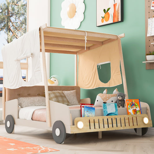 Wooded Car Bed with Pillow, Ceiling Cloth and LED Lights