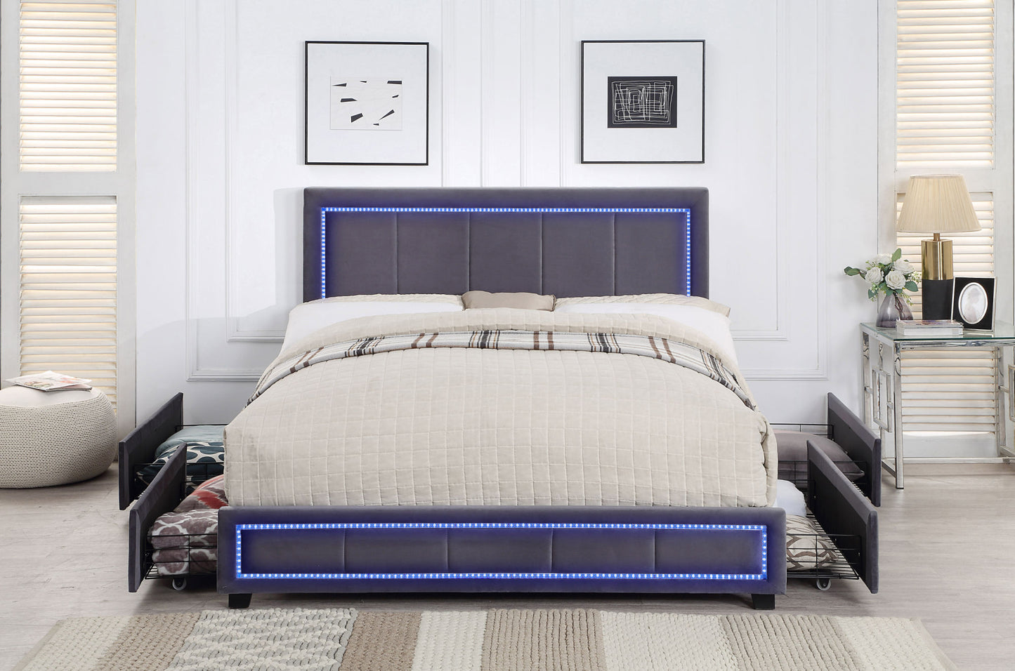 upholstered queen size platform bed with led lights, storage bed with 4 drawers, gray